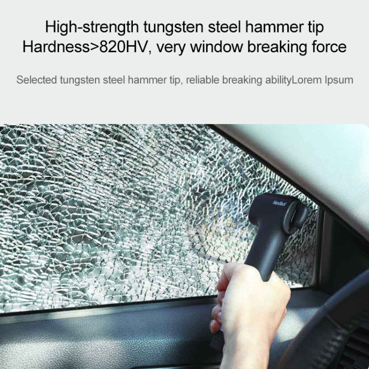 Emergency survival hammer in use, held near a car window with shattered glass