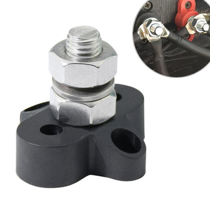 M10 black bus bar terminal stud with zinc-plated hex nuts on black insulator block