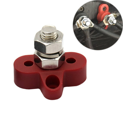 Red terminal stud block with metal stud and hex nut, M10 threaded connection