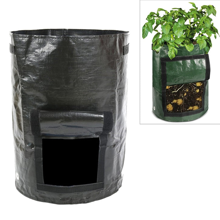 Black fabric potato grow bag with side access opening and black rim straps.