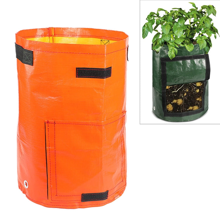 Orange fabric planting grow bag with black handles and front access panel, 30x35cm.
