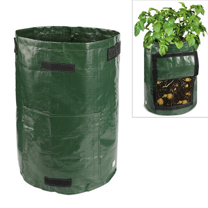 Green fabric potato grow bag with black handles and straps, 30x35cm size.