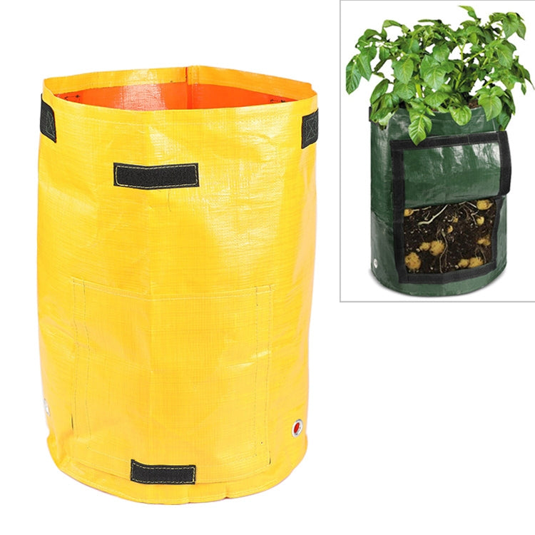 Yellow fabric potato grow bag with black handles and straps, round 30x35cm.