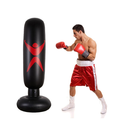 Inflatable boxing column toy, black with red target graphic, standing with round base