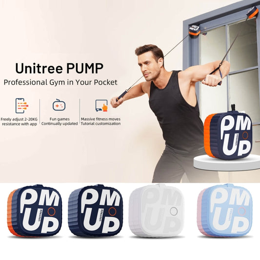 Portable home gym pump device held during home workout with a man using resistance