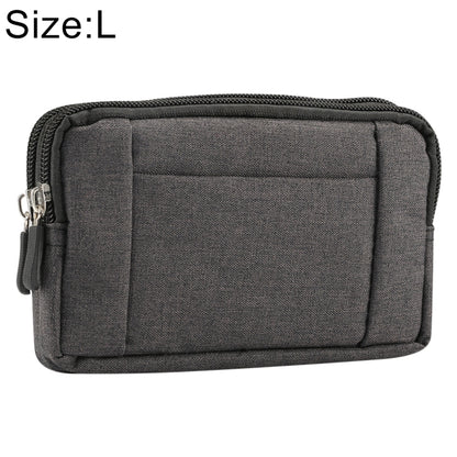 Dark gray denim phone waist bag with zip closure and adjustable strap, size L