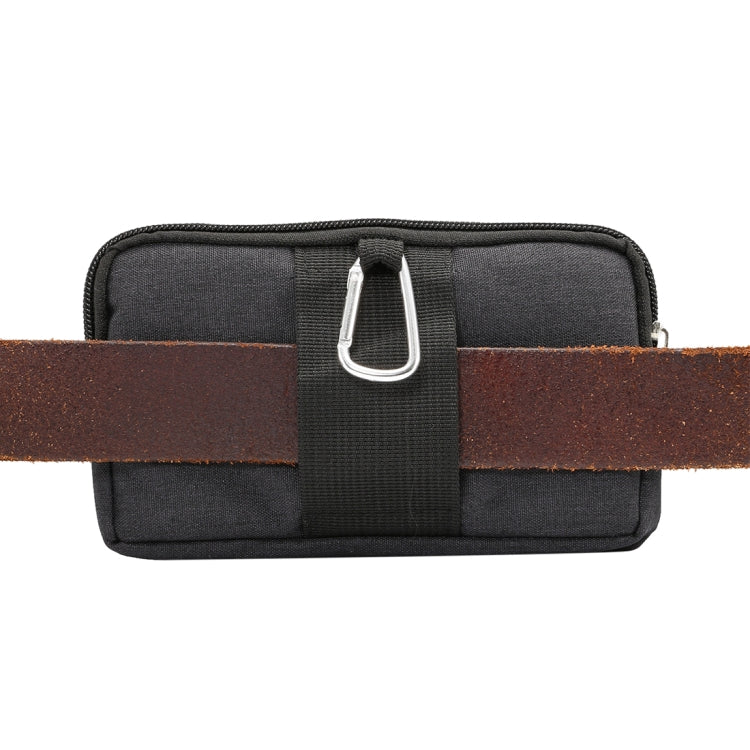 Dark gray phone waist bag with wide gray strap and metal D-ring clip