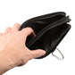 Dark gray phone waist bag opened to show black interior and zippered compartment