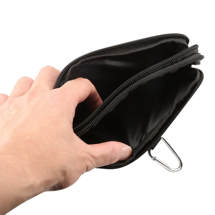 Dark gray phone waist bag opened to show black interior and zippered compartment