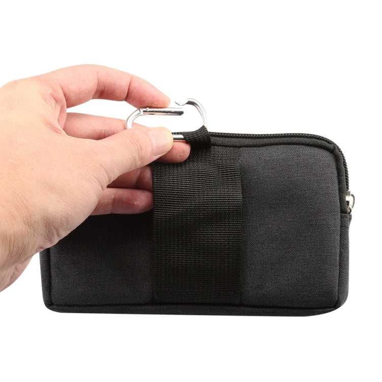 Dark gray waist phone bag with metal carabiner clip on the front panel