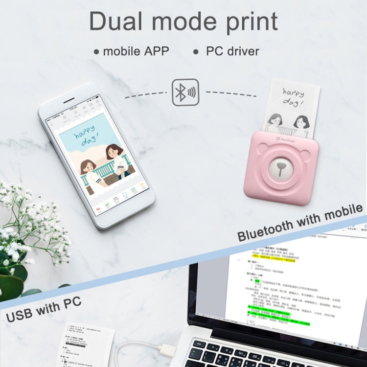 Pink A6 inkless pocket thermal printer with Bluetooth-connected smartphone