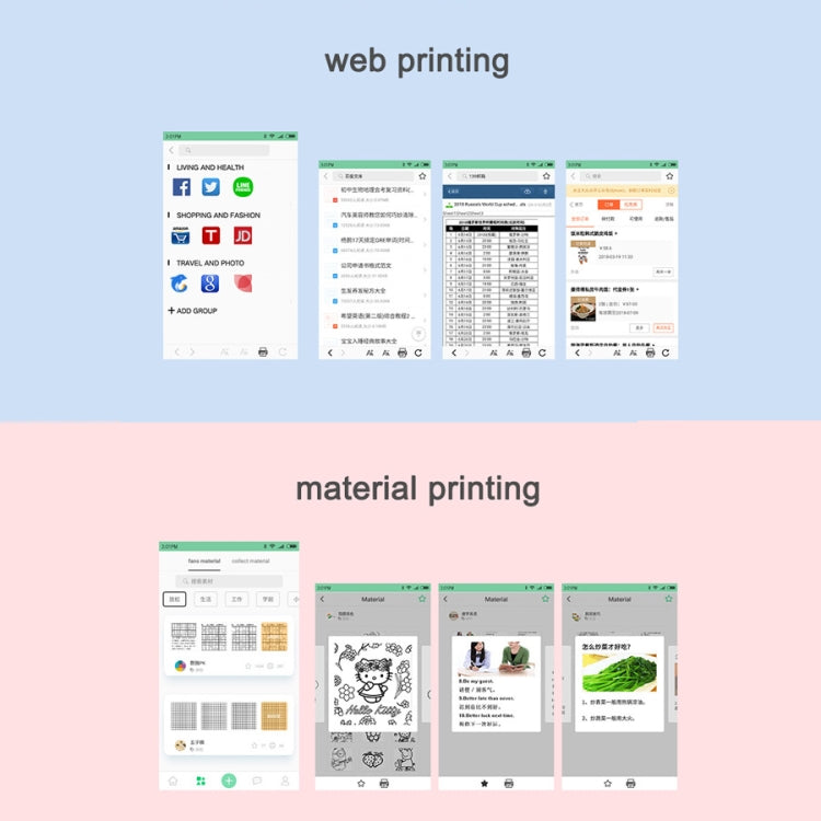 Inkless pocket thermal printer with web and material printing app screens