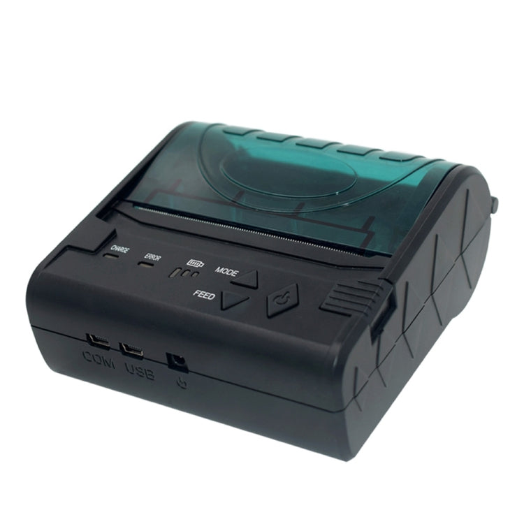 Portable thermal ticket printer with open lid, teal-tinted window, black housing