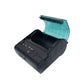 Portable thermal printer with lid open and paper tray visible, black body with teal cover