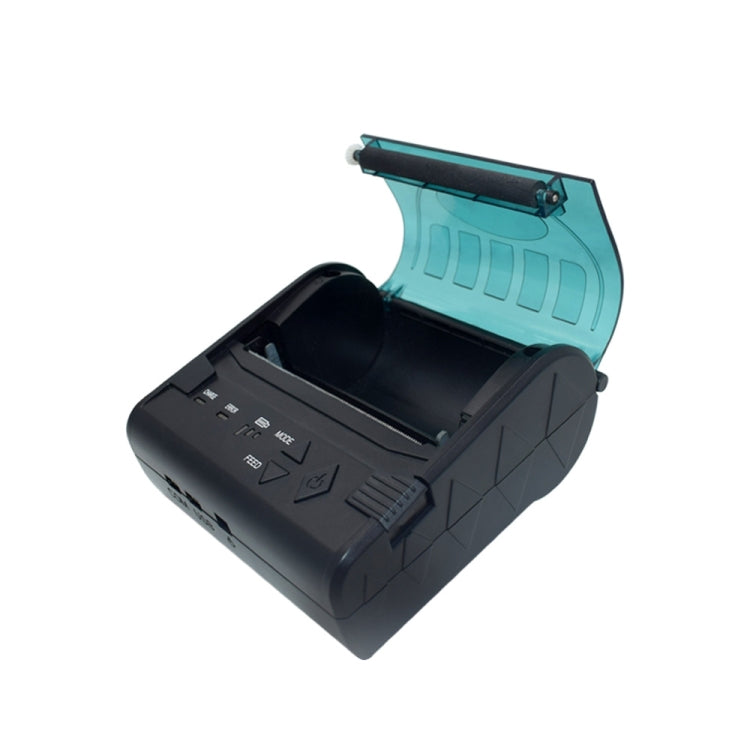 Portable thermal printer with lid open and paper tray visible, black body with teal cover