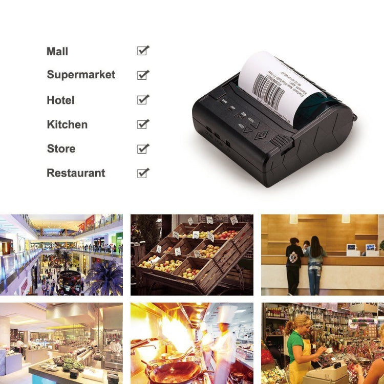 Portable thermal ticket printer in black with receipt roll, shown for retail and dining