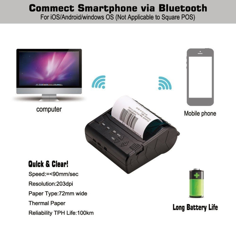 Bluetooth thermal ticket printer with paper roll, black body, smartphone connection icons