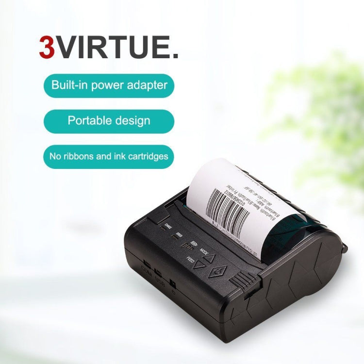 Portable thermal ticket printer with paper roll and open lid, black housing, power features