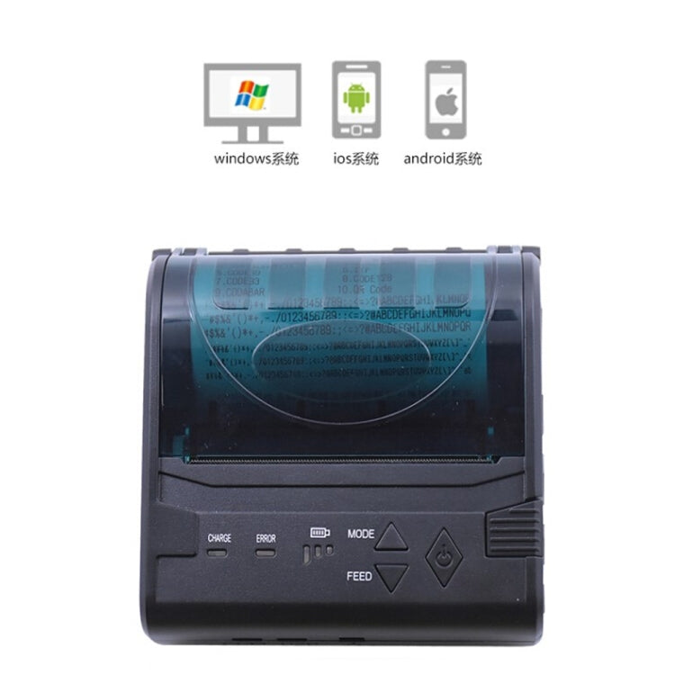 Front view of portable thermal printer, teal-tinted display window, black case