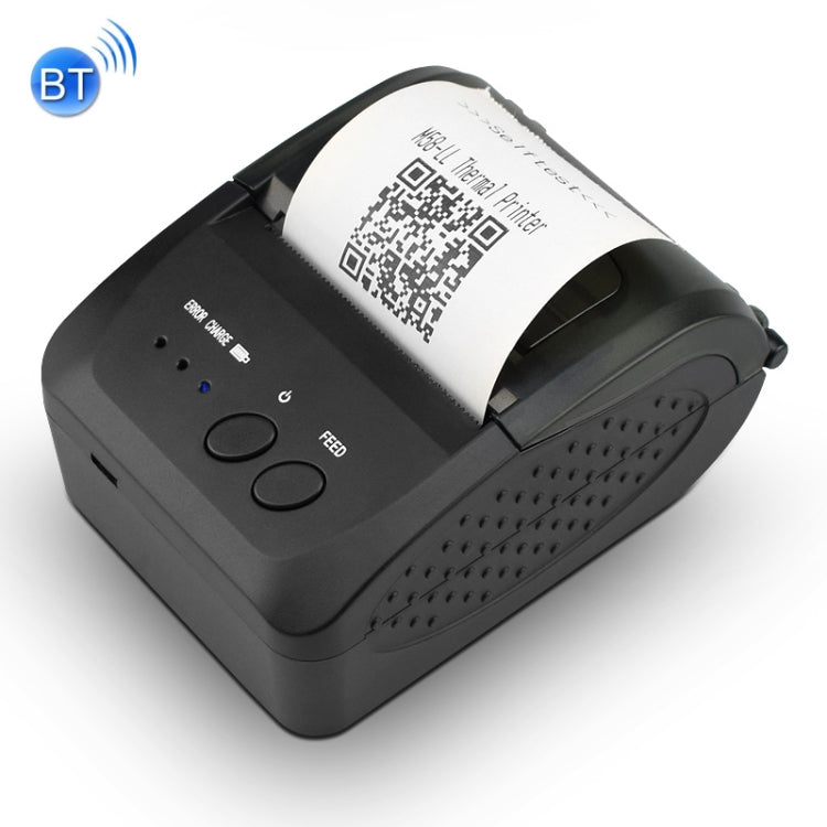 Portable thermal receipt printer with top label, black body, paper roll cover, Bluetooth icon.
