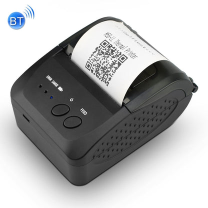 Portable thermal receipt printer with top label, black body, paper roll cover, Bluetooth icon.