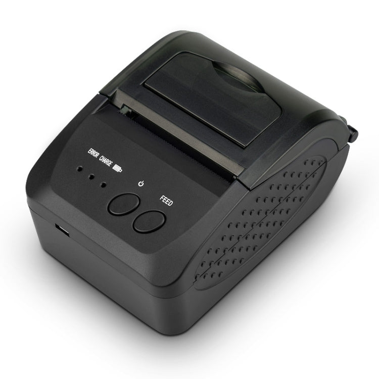 Portable thermal receipt printer, black housing, front buttons and display window, paper cover open.