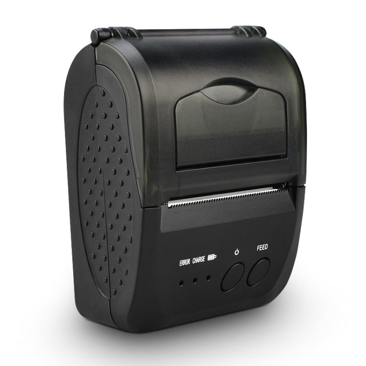 Portable thermal receipt printer, black side view with paper feed area and control buttons.