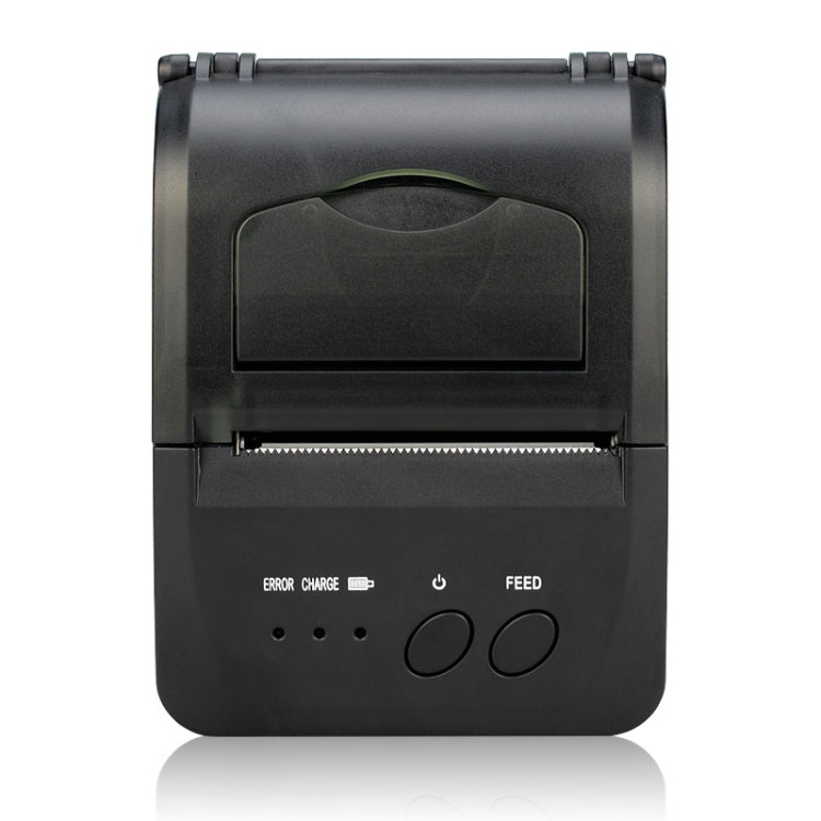 Portable thermal receipt printer, front view with status icons, error/charge lights, power and feed buttons.
