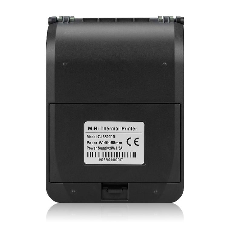 Portable thermal receipt printer, bottom back view with label showing model and paper width.