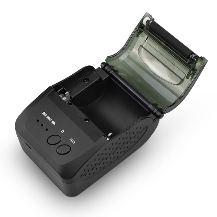 Portable thermal receipt printer with top cover open, visible internal roll compartment, black body.