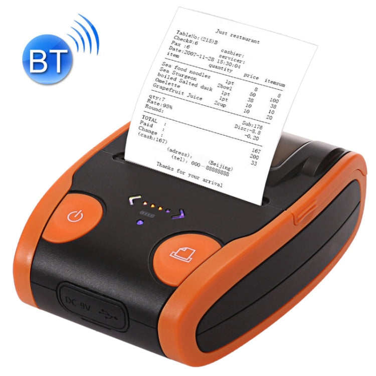 Orange and black portable Bluetooth 58mm POS thermal printer with printed receipt