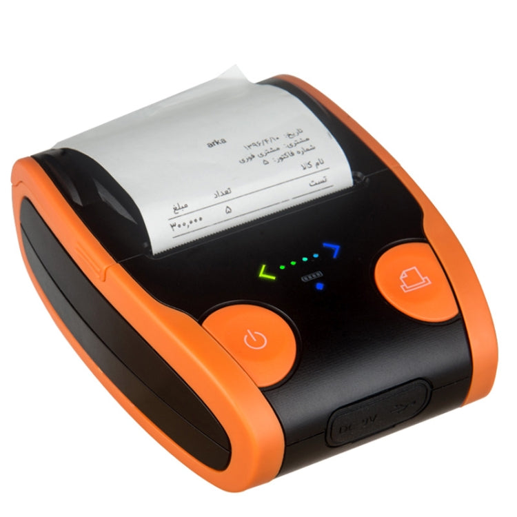 Orange and black Bluetooth POS thermal printer showing a paper receipt feed