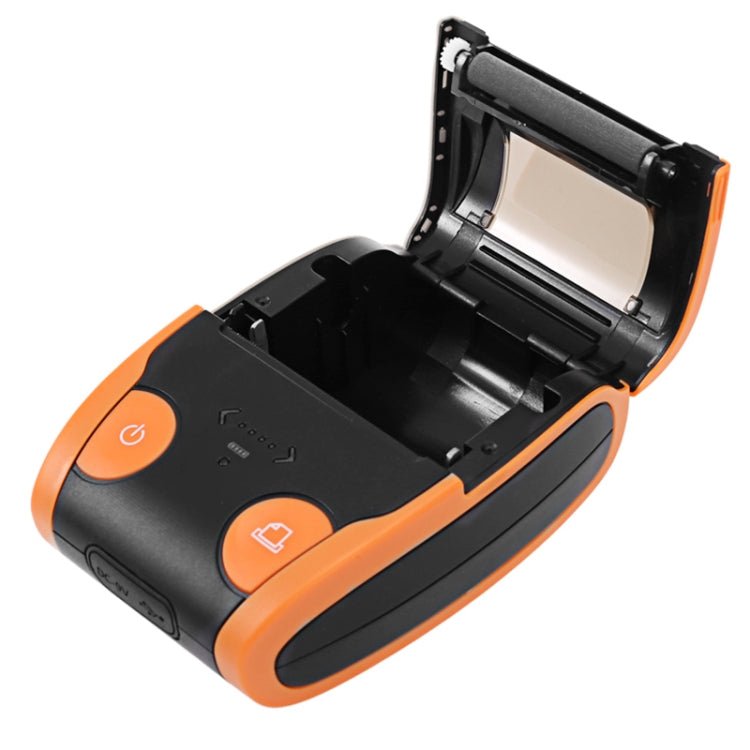 Orange and black Bluetooth POS thermal printer with open lid and paper compartment