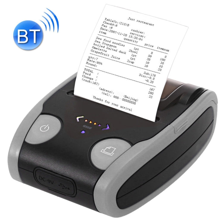 Grey and black portable Bluetooth 58mm POS thermal printer with printed receipt