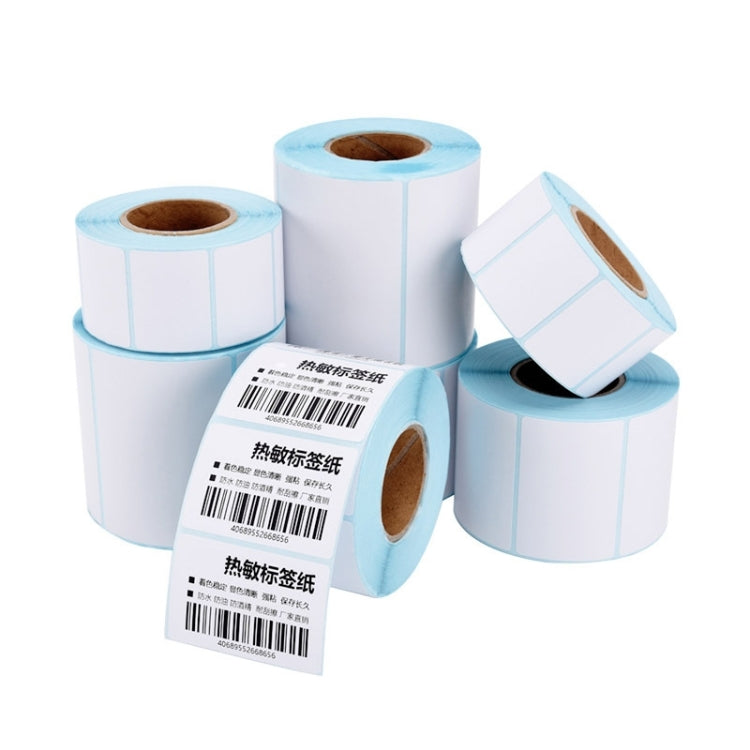 Set of self-adhesive thermal barcode label rolls and sheets, blue-striped edges and barcodes