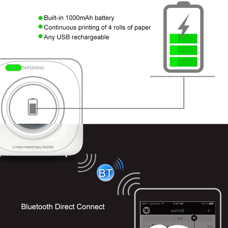 White thermal photo printer with USB charging cable and Bluetooth Direct Connect
