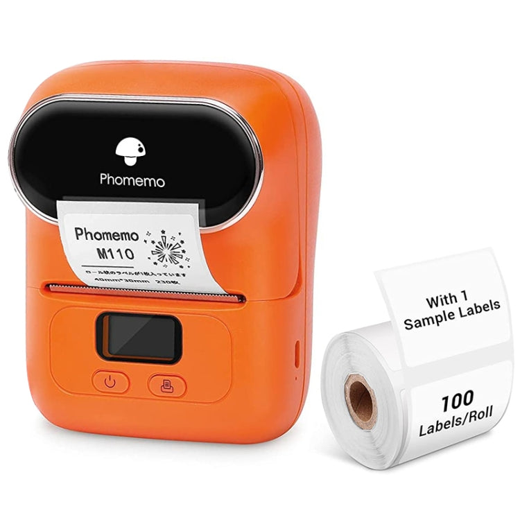 Orange Phomemo handheld mini Bluetooth thermal label printer with label roll accessory