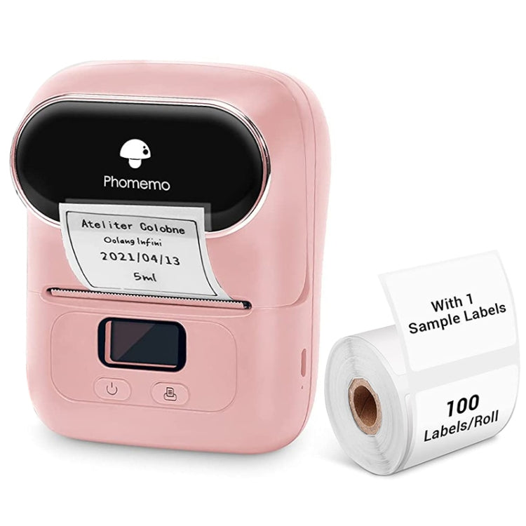 Pink Phomemo handheld mini Bluetooth thermal label printer with label roll accessory