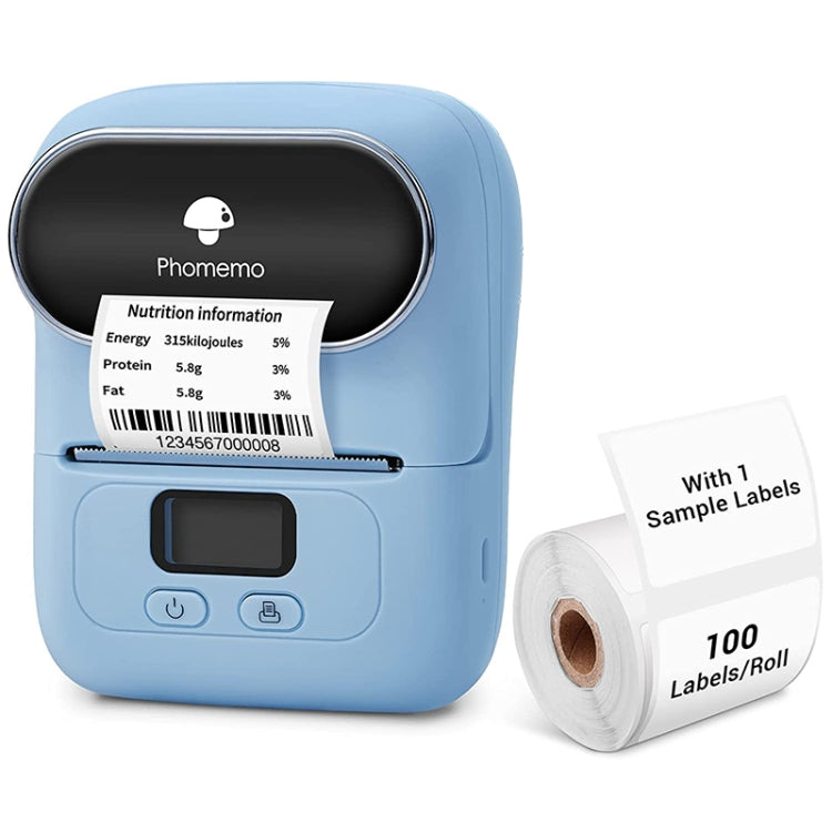 Blue Phomemo handheld mini Bluetooth thermal label printer with label roll accessory