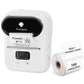 White handheld mini Bluetooth thermal label printer with printed label and label roll