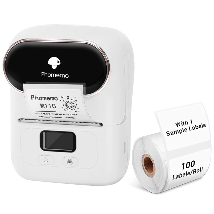 White Phomemo handheld mini Bluetooth thermal label printer with label roll accessory