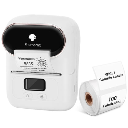 White Phomemo handheld mini Bluetooth thermal label printer with label roll accessory