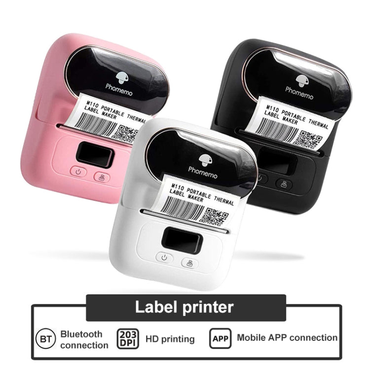 Three Phomemo handheld mini Bluetooth thermal label printers in pink, black, and white