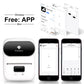 White Phomemo handheld mini Bluetooth thermal label printer with app setup on phone screens