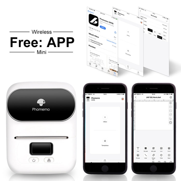 White Phomemo handheld mini Bluetooth thermal label printer with app setup on phone screens