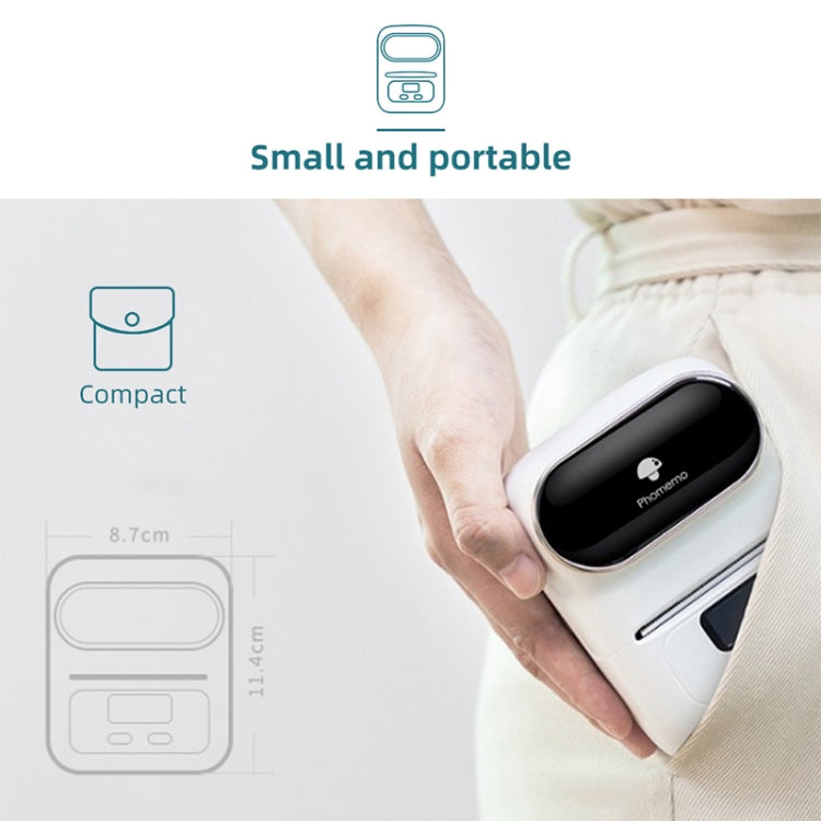 Compact white Phomemo handheld thermal label printer held in hand