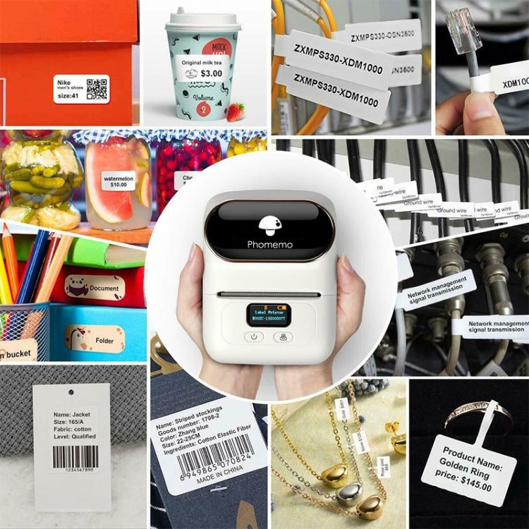 White Phomemo handheld mini Bluetooth thermal label printer centered overhead