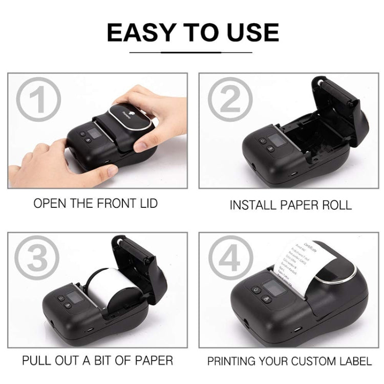 Black handheld Bluetooth thermal printer with open front lid and paper roll inside