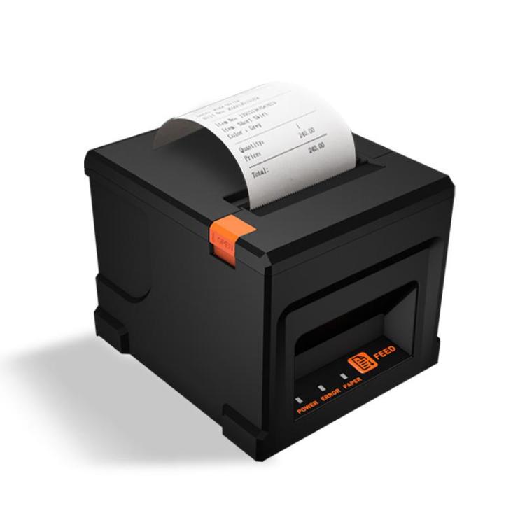 Black thermal receipt printer with orange latch, paper roll installed, auto-cutter front