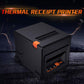 Black thermal receipt printer with paper roll and orange auto-cutter switch, rugged design